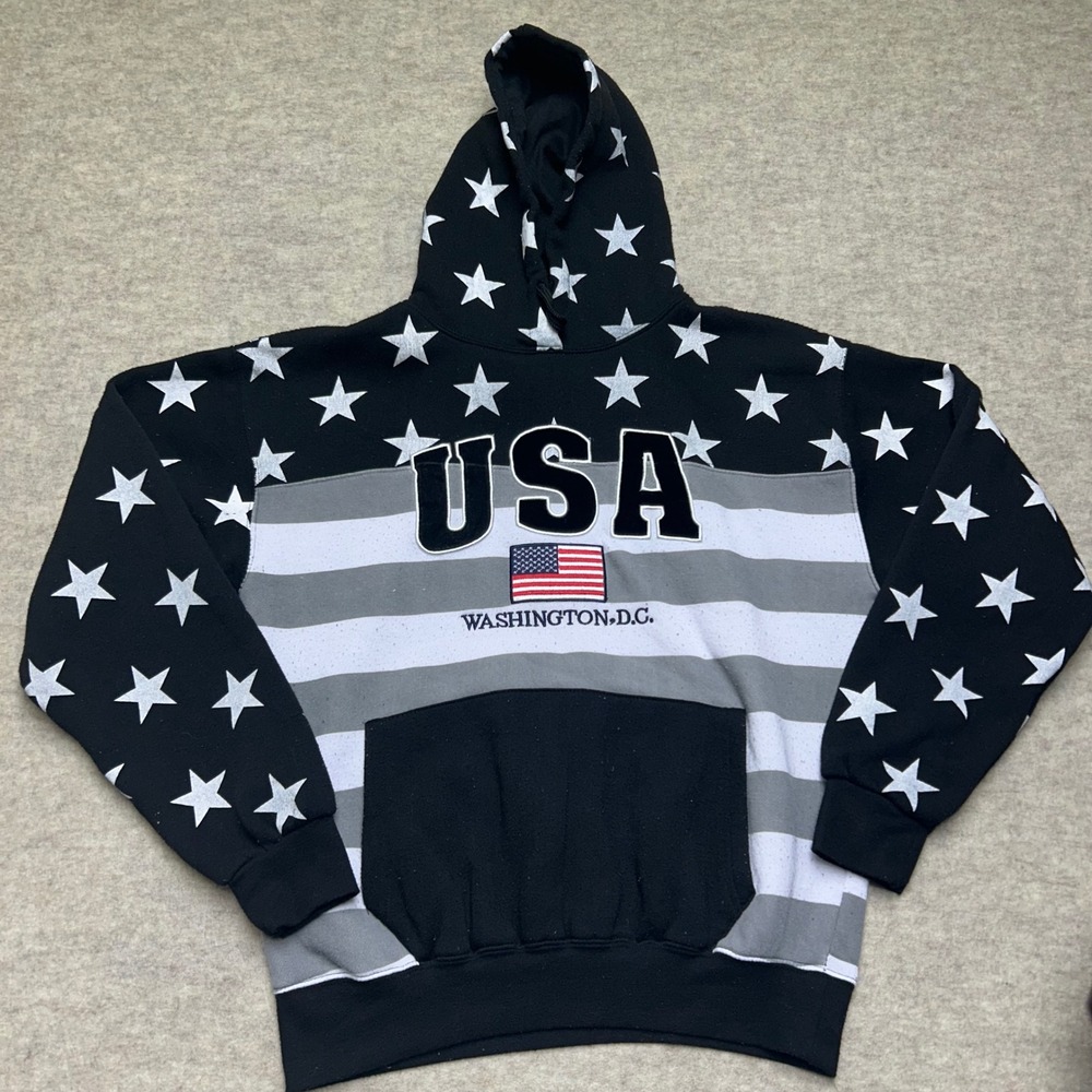 USA Washington DC Stars & Stripes Hoodie Patriotic American Flag Graphic Large